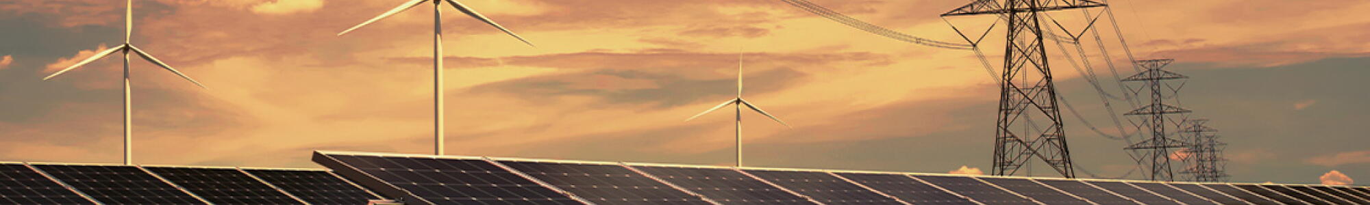Electricity towers, solar panels and wind turbines